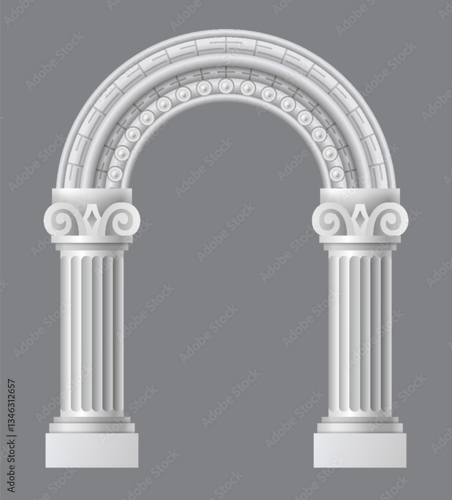 Ancient roman arch. Architectural stone or marble arch. Portal greek castle or luxury facade building entrance with pillars columns. Creative isolated arch design. Vector cartoon illustration