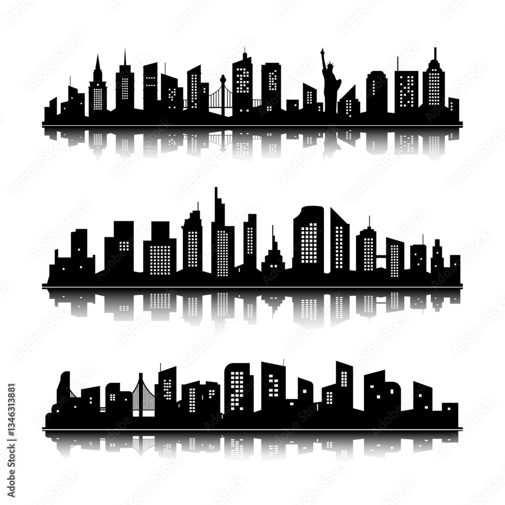 Naklejka premium black vector set of three vector cities design of black city silhouette on white background