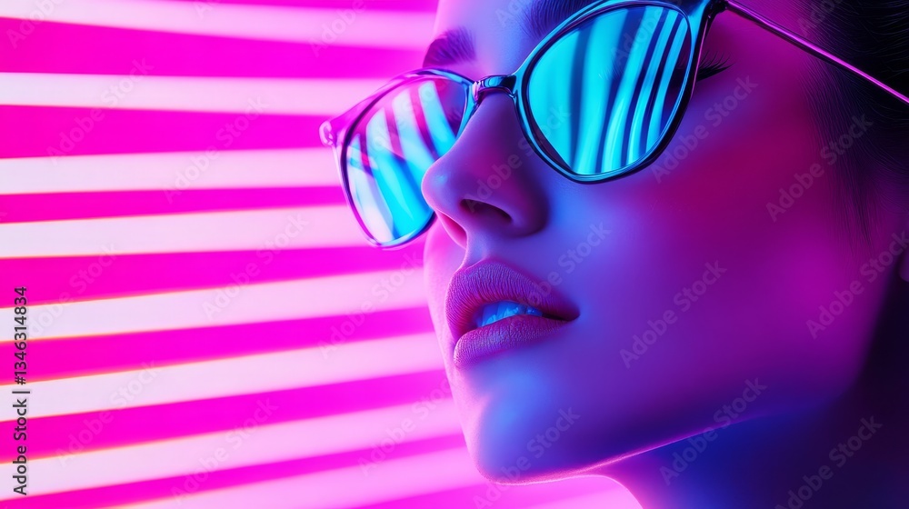 Close-up portrait of a woman in stylish sunglasses against vibrant neon lights background Close-up portrait of a woman in stylish sunglasses against vibrant neon lights background