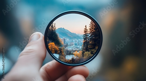 Individual holding professional camera lens with focus on glass elements and photography gear in hand