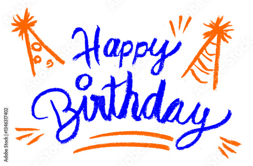 Happy Birthday Words Script Crayon Chalk Drawing Vector Set