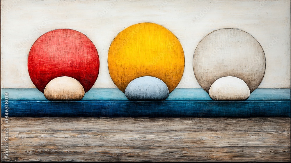 Abstract Composition with Three Colorful Circles on Rustic Wood Abstract Composition with Three Colorful Circles on Rustic Wood