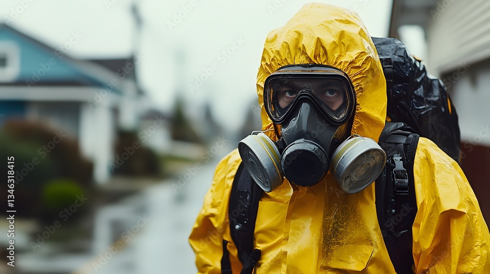 Prepared individual wearing a yellow rain suit standing confidently in a rainy environment ready for any weather conditions Prepared individual wearing a yellow rain suit standing confidently in a rainy environment ready for any weather conditions