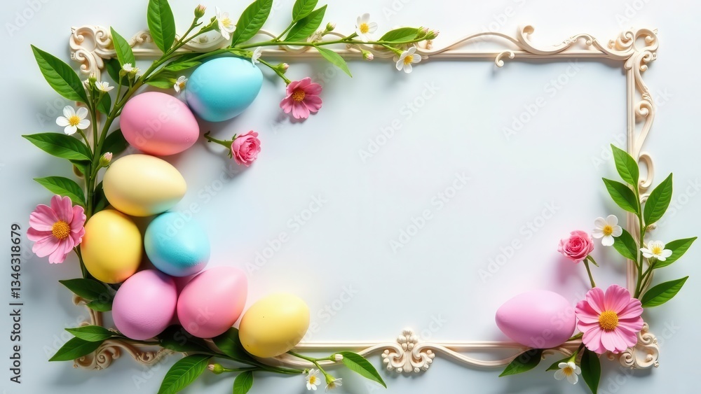 Pastel Easter Eggs and Blossoms Frame a Blank Space for Springtime Greetings Pastel Easter Eggs and Blossoms Frame a Blank Space for Springtime Greetings