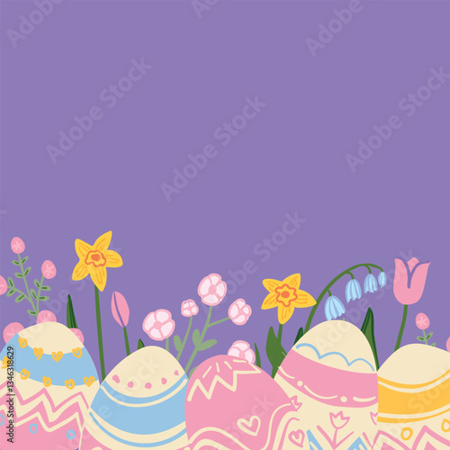A purple background with a border of pastel Easter eggs in pink, blue, and yellow, surrounded by yellow daffodils, pink tulips, and bluebell flowers, ideal for festive Easter decor.