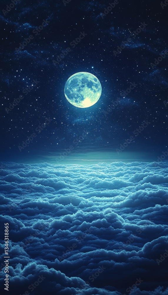 Fototapeta premium Full Moon Illumination A Captivating Scene of Lunar Beauty, Glowing Brightly Above Clouds at Night