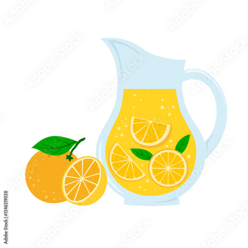 Fresh lemonade drink with lemon slices in pitcher. Vector illustration isolated on white background. Summer citrus refreshment.