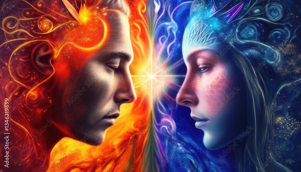 Surreal fantasy artwork of two faces with contrasting colors. Close up portrait of two rival facing each other with orange and blue contrast color. Duality and cosmic balance concept. AIG51. Surreal fantasy artwork of two faces with contrasting colors. Close up portrait of two rival facing each other with orange and blue contrast color. Duality and cosmic balance concept. AIG51.