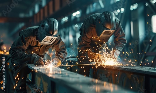 Welders working on the skeleton of a new bridge, sparks flying as they weld steel beams together, 4K hyperrealistic photo.
