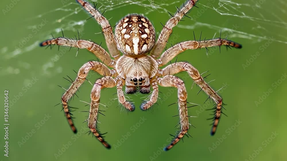 Close-up view of a spider spinning its web in a lush green environment during daylight Close-up view of a spider spinning its web in a lush green environment during daylight
