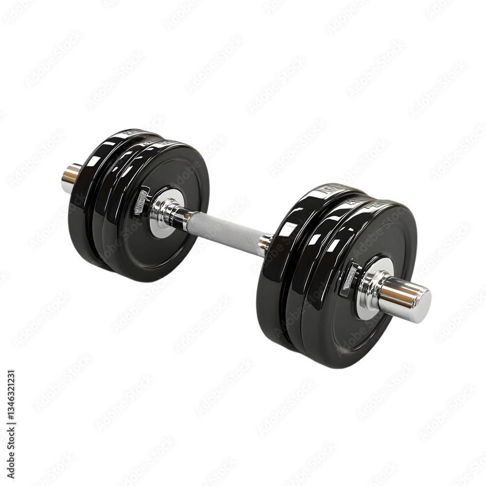 Naklejka premium Black dumbbell with metal plates isolated on black background for fitness and strength training.