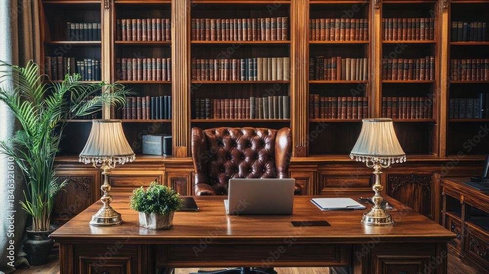 Luxurious Wooden Office with Bookshelves and Leather Chair Luxurious Wooden Office with Bookshelves and Leather Chair