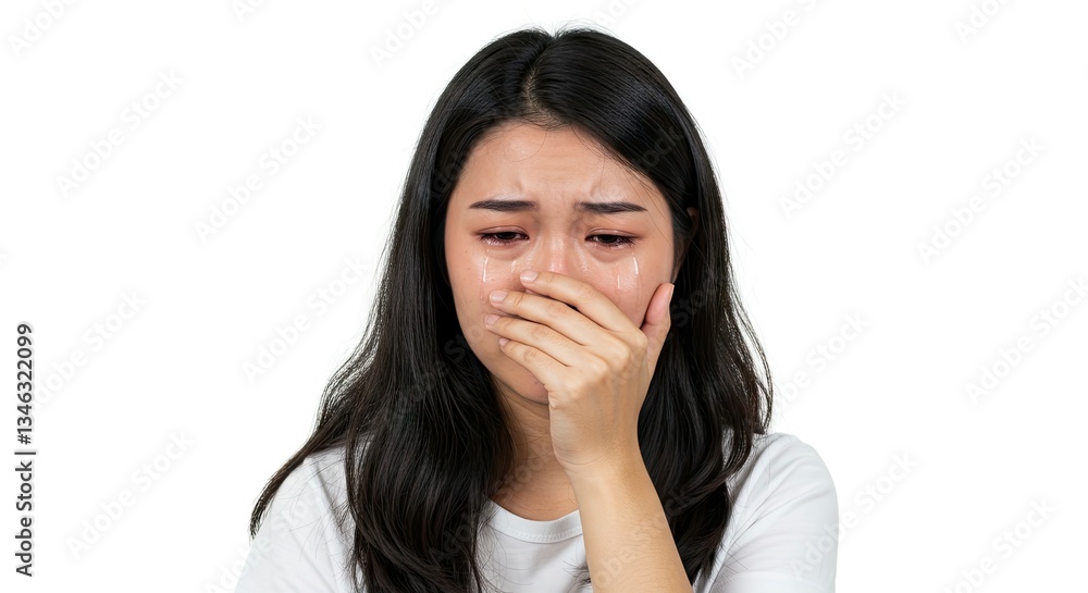 Crying Asian Woman Covering Mouth with Hand on White Background Crying Asian Woman Covering Mouth with Hand on White Background