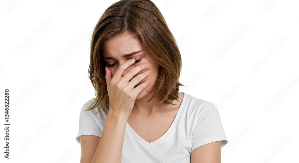 Sad Woman Crying with Tears Falling, Wearing White T-shirt in Distress Sad Woman Crying with Tears Falling, Wearing White T-shirt in Distress