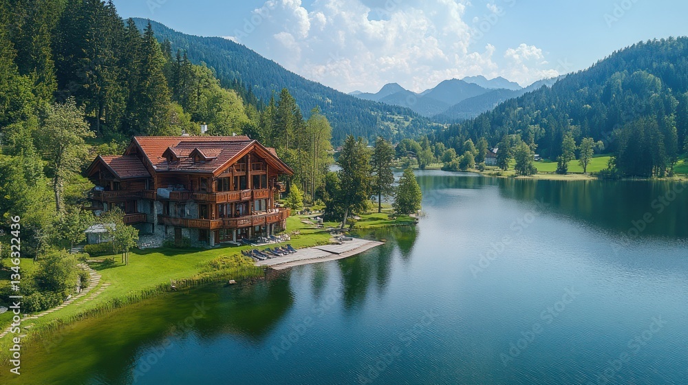 Naklejka premium Mountain lake chalet aerial view summer vacation