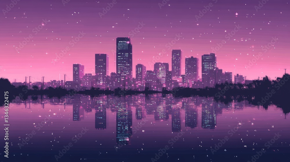 Fototapeta premium A pixelated city skyline reflected on water at night