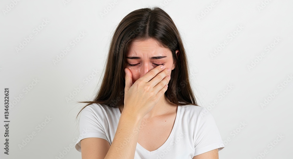 Woman Crying Covering Face with Hand Showing Emotional Pain and Grief Woman Crying Covering Face with Hand Showing Emotional Pain and Grief