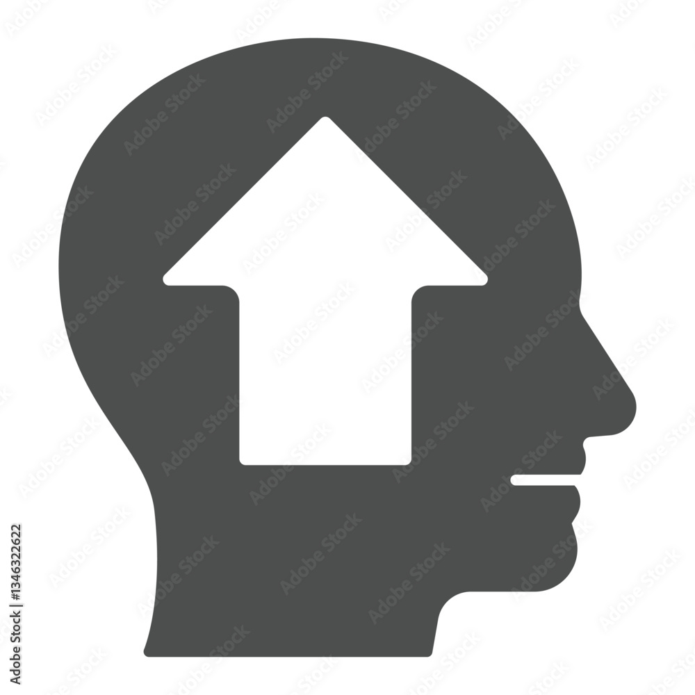 Man head with up arrow solid icon, psychology concept. Vector graphics. Human mind structure uplifting sign on white background, glyph style icon for mobile or web design. Man head with up arrow solid icon, psychology concept. Vector graphics. Human mind structure uplifting sign on white background, glyph style icon for mobile or web design.