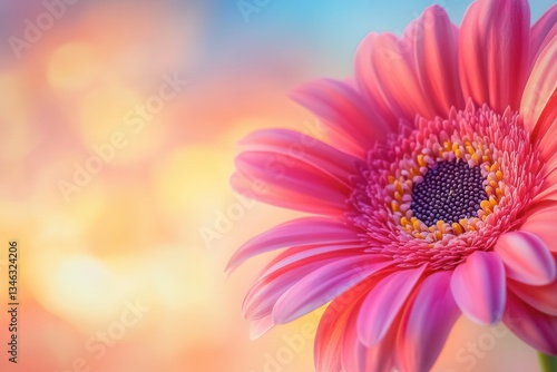 Vibrant pink gerbera daisy in soft, dreamy lighting.