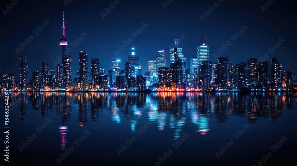 Fototapeta premium A nighttime cityscape showing buildings reflected in a lakes surface