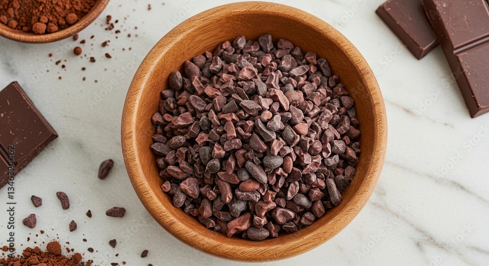 Cacao Nibs in Wooden Bowl with Chocolate and Powder Close-up Cacao Nibs in Wooden Bowl with Chocolate and Powder Close-up
