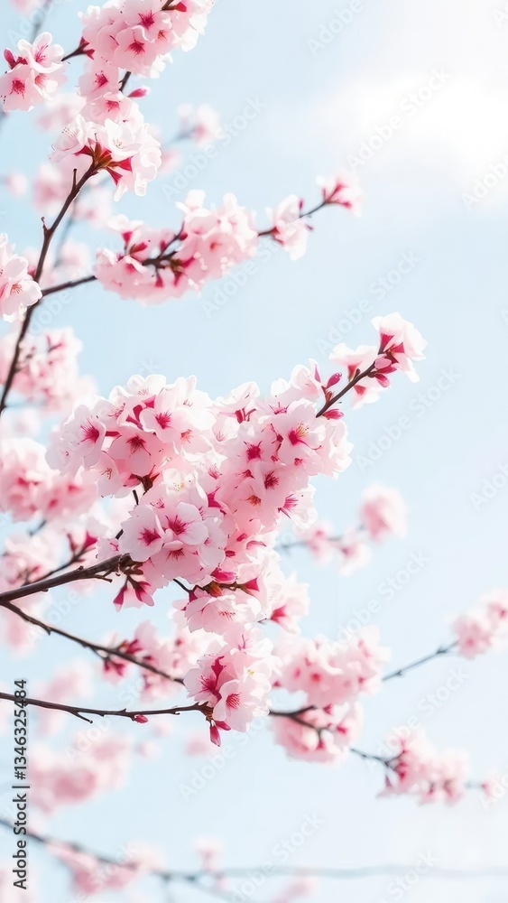 Fototapeta premium Delicate pink cherry blossoms float gently on a pale blue sky, serene, sakura, pink cherry blossoms