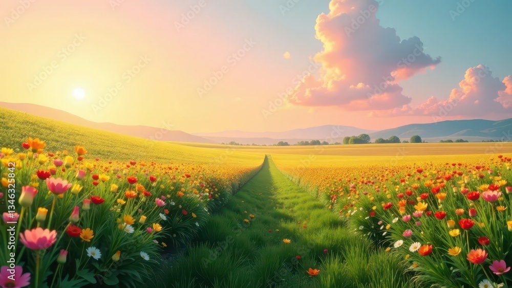 Serene Sunset Over a Vibrant Meadow of Blossoming Flowers and Lush Grass Path Serene Sunset Over a Vibrant Meadow of Blossoming Flowers and Lush Grass Path