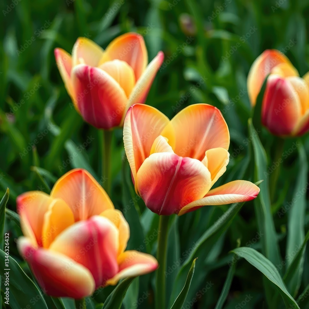 Fototapeta premium Delicate tulip petals unfolding on the green grass, farben, flora, tulpen