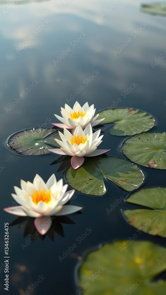 Delicate water lily flowers float on calm surface of a serene lake, soft, calm Delicate water lily flowers float on calm surface of a serene lake, soft, calm