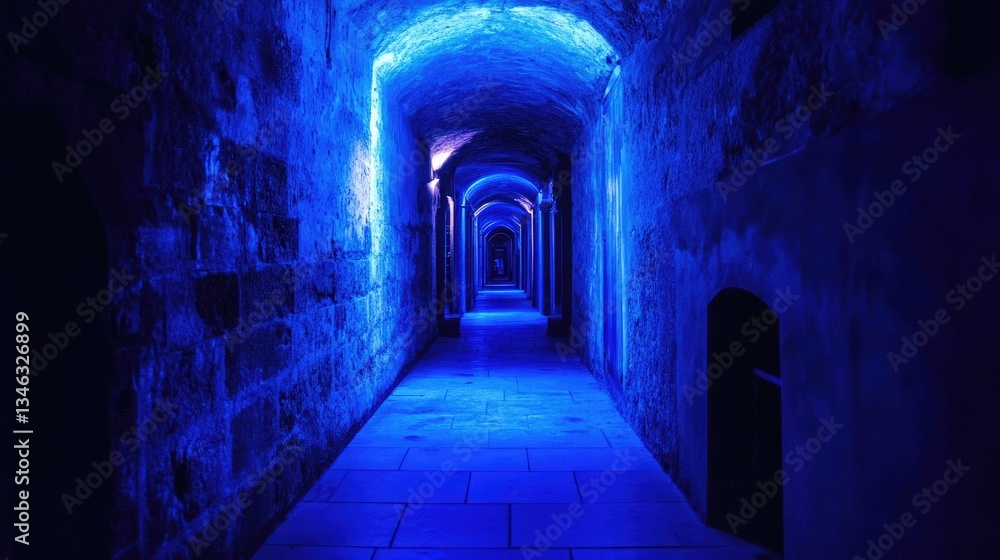 Fototapeta premium An illuminated blue stone arched hallway stretches towards the distance