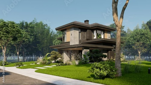 4K video rendering of modern two story house with gray and wood accents, large windows for sale or rent in luxurious style. Clear sunny summer day with blue sky.