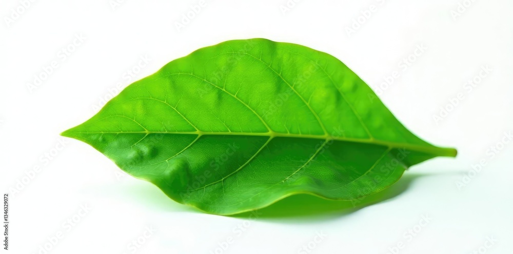 Obraz premium Single leaf of green plant isolated on white background, foliage, leafy, botanical