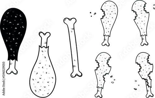 Sketch icon of frame of chicken thigh eaten, animation chicken food, bone of chicken thigh	