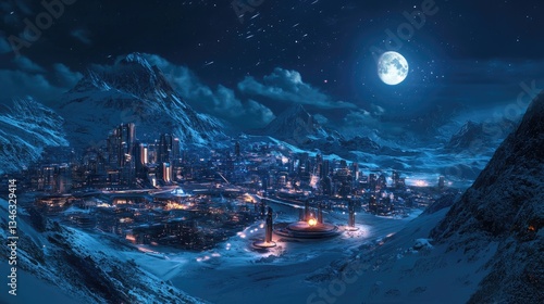 A futuristic city nestled among snowy mountains under a full moon