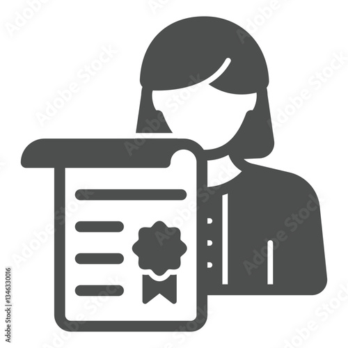 Psychologist woman with certificate solid icon, family psychology concept. Vector graphics. Woman with document paper sign on white background, glyph style icon for mobile or web design.