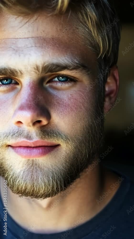 Young man with striking blue eyes and a well-groomed beard poses thoughtfully in a warm, indoor setting during late afternoon Young man with striking blue eyes and a well-groomed beard poses thoughtfully in a warm, indoor setting during late afternoon
