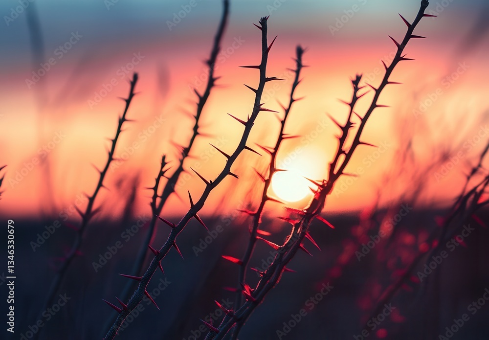 Fototapeta premium Thorny branches silhouetted against a vibrant sunset sky.