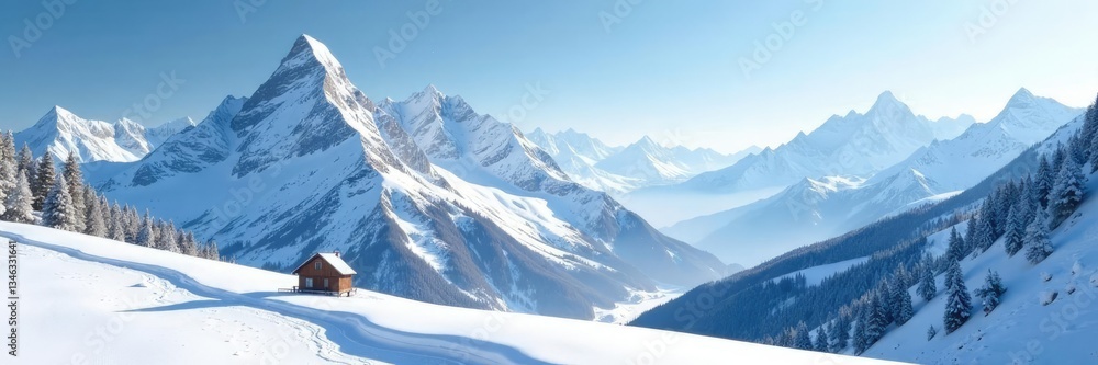 Obraz premium Snow-covered mountainscape with a serene winter landscape, winter, icy