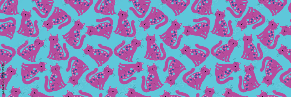 Whimsical pink kitty seamless pattern for fabric. Decorative seamless background with happy cats Whimsical pink kitty seamless pattern for fabric. Decorative seamless background with happy cats