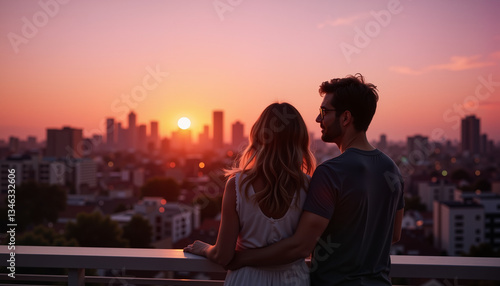 Couple enjoying sunset view from balcony, urban skyline backdrop