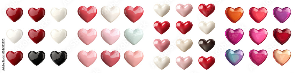 Collection of various heart shaped in red pink white and other colors arranged in a studio setting for Valentine s Day or other love themed events Collection of various heart shaped in red pink white and other colors arranged in a studio setting for Valentine s Day or other love themed events