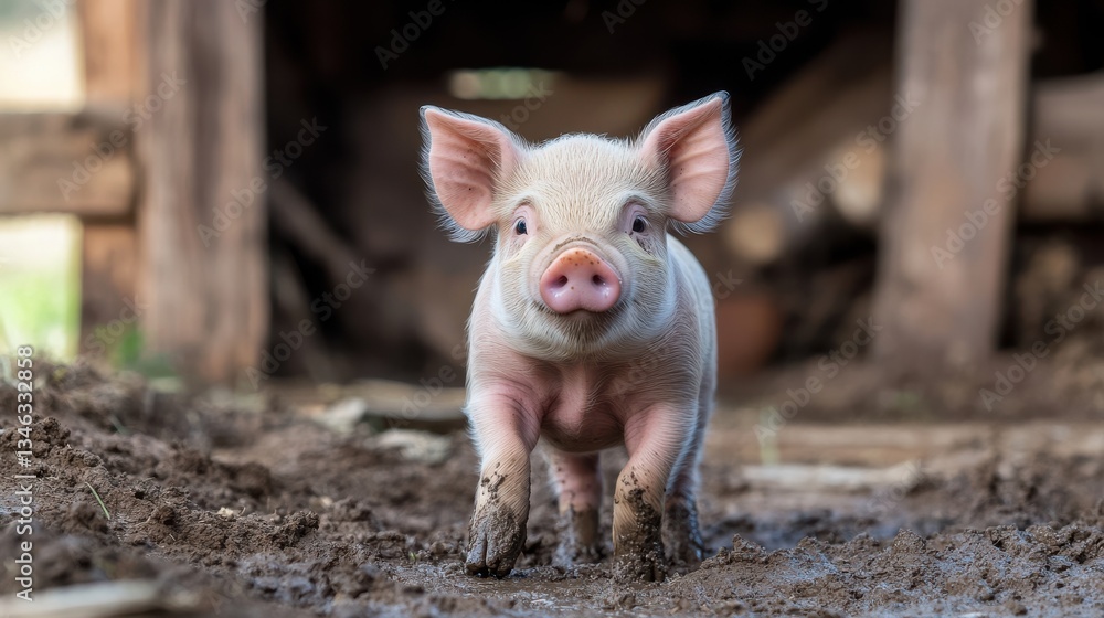 Adorable Piglet Playing in Muddy Farmyard Surrounded by Nature Adorable Piglet Playing in Muddy Farmyard Surrounded by Nature