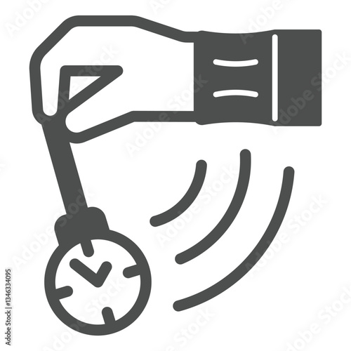 Psychologist pendulum clock in hand solid icon, psychology concept. Vector graphics. Hand with swing clock on chain sign on white background, glyph style icon for mobile or web design.