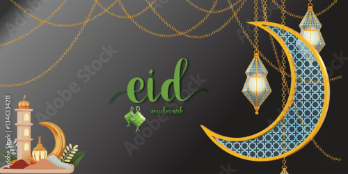 Eid Mubarak Islamic greetings background, Elegant Eid Greeting with Arabic Calligraphy, Eid Mubarak Celebration.