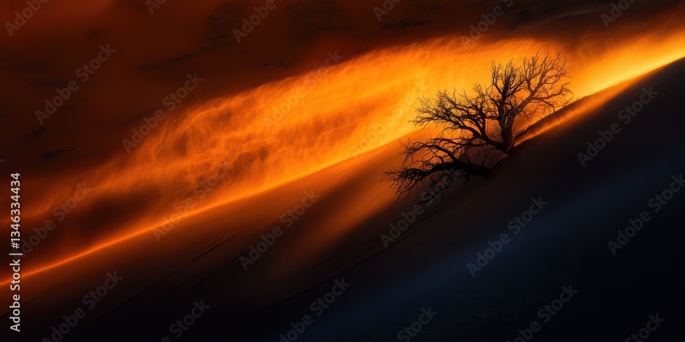 Stunning silhouette of a tree against dramatic sunset clouds over a rolling sand dune landscape Stunning silhouette of a tree against dramatic sunset clouds over a rolling sand dune landscape