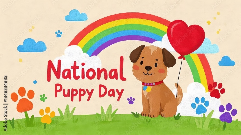 A cheerful puppy celebrates National Puppy Day under a vibrant rainbow with a heart-shaped balloon, painted in a whimsical, childlike style. A cheerful puppy celebrates National Puppy Day under a vibrant rainbow with a heart-shaped balloon, painted in a whimsical, childlike style.