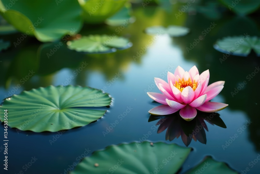 Water lilies and lotus leaves reflect in the calm lake surface, serenity now, lotus flowers, aquatic life Water lilies and lotus leaves reflect in the calm lake surface, serenity now, lotus flowers, aquatic life