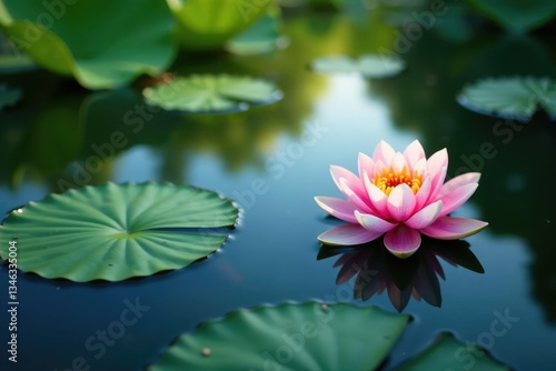 Water lilies and lotus leaves reflect in the calm lake surface, serenity now, lotus flowers, aquatic life