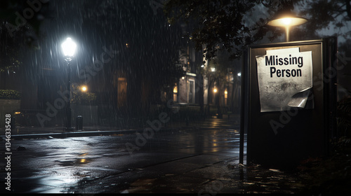 Mysterious urban street with flickering lamp, torn missing person poster on bulletin board, rain droplets, evoking sense of loss and intrigue in empty nighttime setting.
