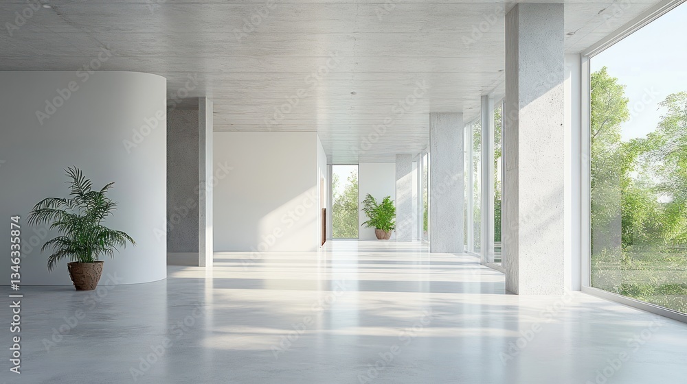 Fototapeta premium Modern Minimalist Office Interior Design with Sunlight Streaming Through Large Windows